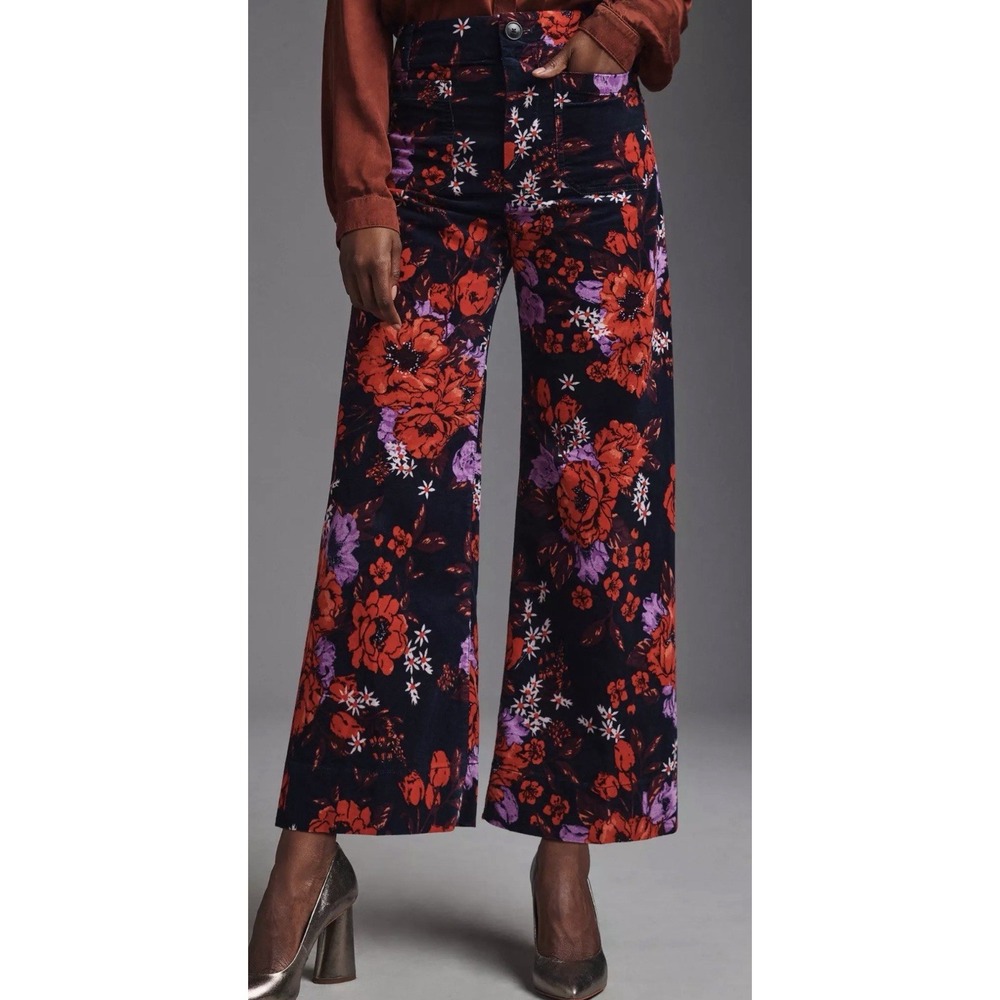 Maeve by Anthropologie Women's 28 Colette Crop Wide-Leg Floral Red Velvet Pants
